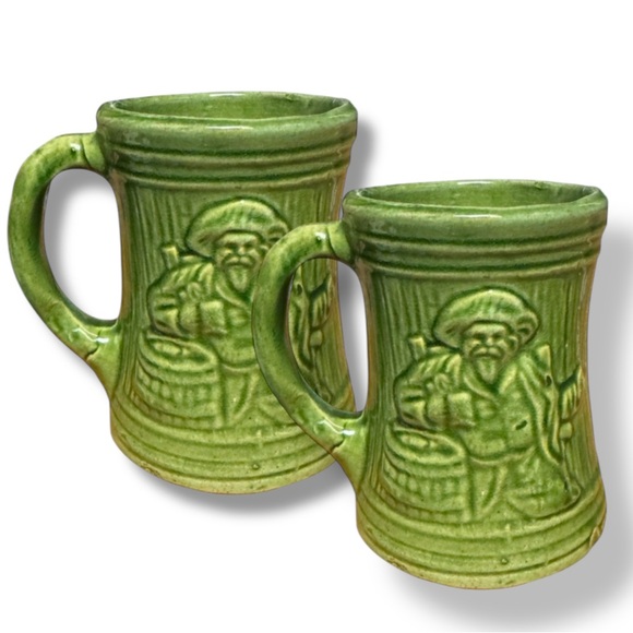 Vintage McCoy 1920's Buccaneer Green Pirate Stoneware Mug Cup 5” Tall set of 2 - Picture 1 of 5